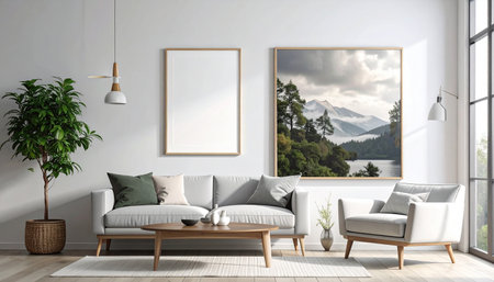 interior with grey sofa, coffee table and picture frame, 3d renderの素材