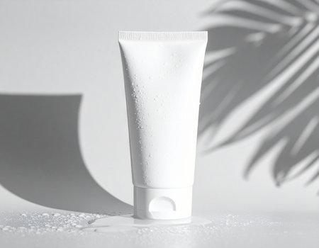 A white cosmetic tube covered in water droplets sits on a white surface with soft shadows.の素材
