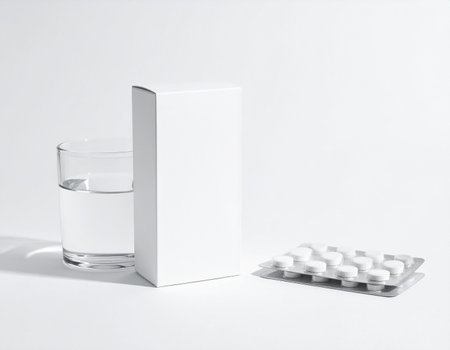A white pill box, blister pack of pills, and a glass of water are arranged on a white surface.の素材
