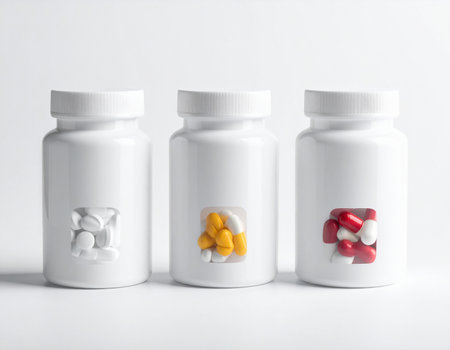 Three white pill bottles feature clear windows revealing white, yellow, and red pills inside.の素材