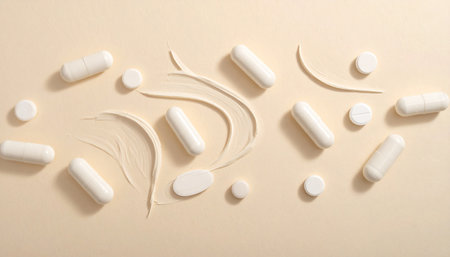 White capsules and pills are scattered on a pale background, interspersed with abstract white brush strokes.の素材