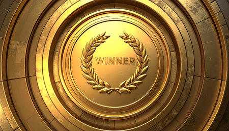 A golden circular award with the word Winner and concentric rings is shown from above.の素材