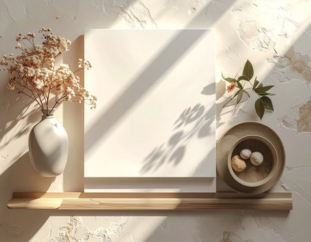 A shelf displays a white canvas, dried flowers in a vase, and a decorative bowl with stones.の素材