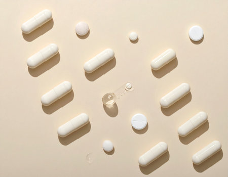 White medical capsules and pills scattered with a small clear plastic holder on beigeの素材