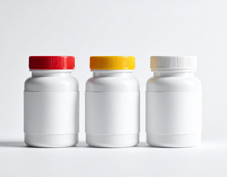 Three white pill bottles with blank labels and colored caps are arranged side by side.の素材