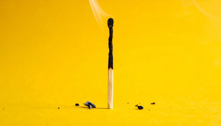 A single burnt matchstick stands upright with ash and smoke against a vibrant yellow background.の素材