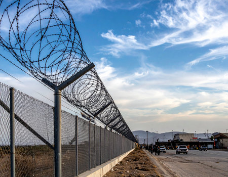 A long barbed wire fence stretches across the frame under a cloudy blue sky with vehicles on a road.の素材