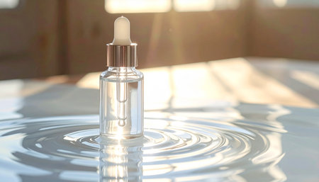 A clear dropper bottle with serum is on rippling water with soft light and a blurred background.の素材