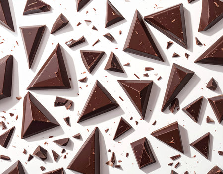 Various dark chocolate chunks and shards are spread across a white surface. Clear details and vibrant colors ...の素材