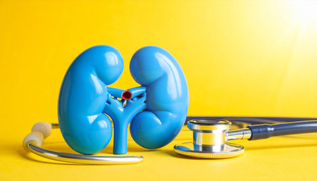 Two blue kidney models are placed with a stethoscope on a bright, solid yellow background.の素材