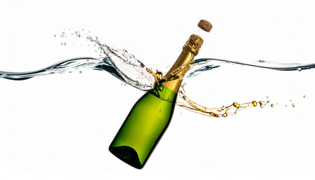 A champagne bottle submerged in water as the cork pops, creating a dynamic liquid splash.の素材