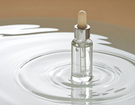A clear glass serum dropper bottle floats on rippling water with soft light and reflections.の素材