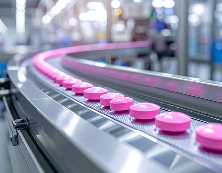 Pink pharmaceutical tablets follow a curved conveyor belt in a factory setting. Clear details and vibrant col...の素材
