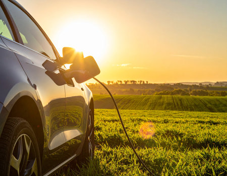 Electric car charging in a field, bathed in the warm glow of a setting sun with lens flare.の素材