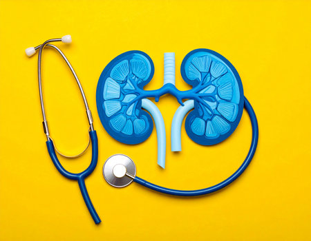 Mangh showing detailed blue kidney model and stethoscope on yellow background. High resolution image...の素材