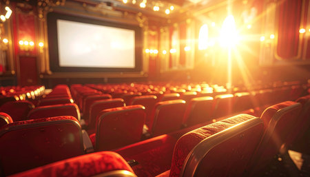 Rows of empty red velvet cinema seats face a bright screen with a sunburst light effect.の素材
