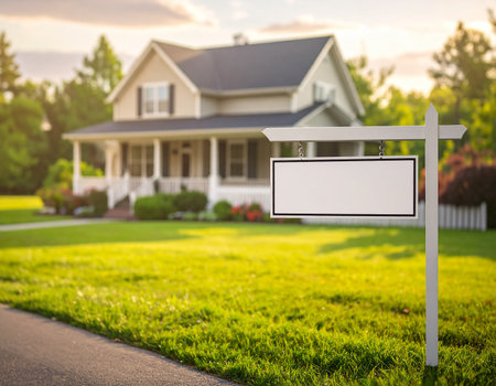 An empty real estate sign is in the foreground of a suburban house at sunset. Clear details and vibrant color...の素材