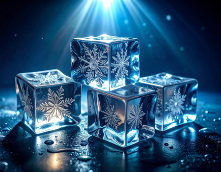 Four clear ice cubes with snowflake patterns sit on a dark surface with water droplets.の素材