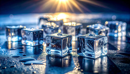 Ice cubes rest on a dark, wet surface with sunlight and bokeh in the background. Clear details and vibrant co...の素材