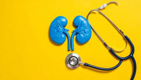 A blue anatomical kidney model and a stethoscope are placed on a bright yellow surface.の素材