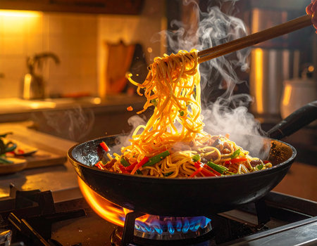 Chopsticks lift steaming noodles from a wok on a gas stove with a bright flame. Clear details and vibrant col...の素材