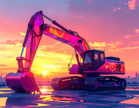 A pink excavator on a wet surface reflects a vibrant sunset sky with a city skyline.の素材
