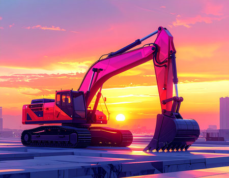 A bright pink excavator sits on a rooftop against a dramatic sunset sky with a city skyline.の素材