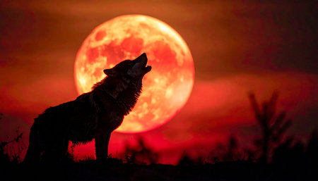 A wolf's silhouette howls at a large, bright red moon against a dark, hazy sky. Clear details and vibrant col...の素材