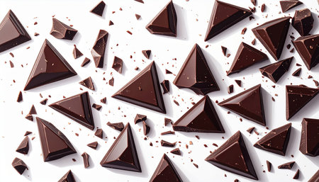Dark chocolate broken into pieces and small crumbs are scattered across a white surface.の素材
