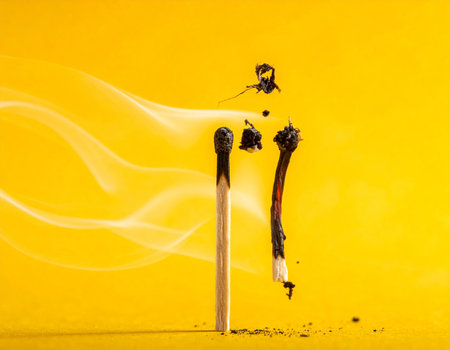 Two burnt matchsticks with smoke and falling debris against a yellow background. Clear details and vibrant co...の素材