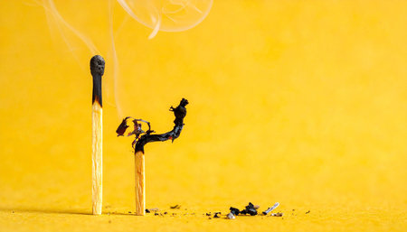 Two matchsticks, one burnt and one unburnt, with burnt debris scattered on a yellow surface.の素材