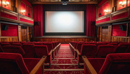 A traditional cinema hall with rows of red velvet seats facing a large screen. Clear details and vibrant colo...の素材
