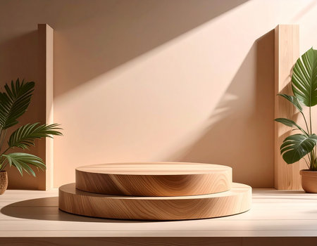 Mangh showing wooden pedestal with plants and sunlight shadows for product display. High resolution image...の素材