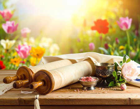 A Torah scroll, wine cup, and pink rose are arranged on a wooden table in a sunlit garden setting.の素材