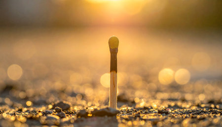 Mangh showing unlit matchstick standing tall in dry ground with golden sunlight. High resolution image...の素材