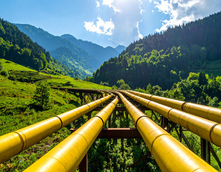 Yellow industrial pipelines stretch across a green mountain landscape with sunbeams.の素材