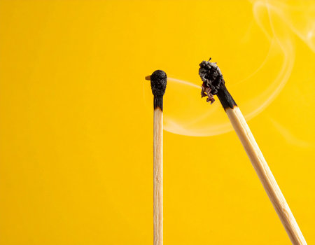 Two burnt matchsticks with wisps of smoke against a bright yellow background. Clear details and vibrant color...の素材