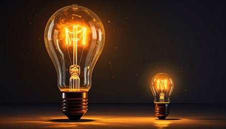 Two illuminated incandescent light bulbs of different sizes casting a warm glow on a dark surface.の素材