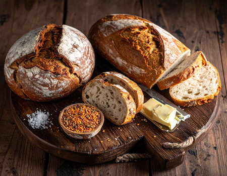 Artisan showing rustic wooden board with artisan breads, butter, salt, and lentils keywords: bread, artisan...の素材