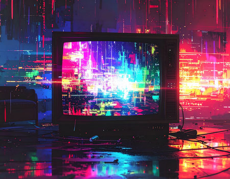 A vintage television displays a colorful neon city scene with reflections on a wet floor.の素材
