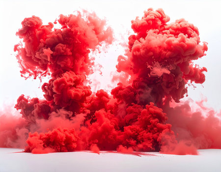 Two large explosions of vibrant red smoke against a clean white background Clear details and vibrant colors en...の素材