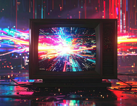 A vintage television screen displays a colorful abstract light tunnel with glowing particles and neon lights.の素材
