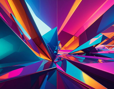 Abstract geometric explosion of sharp angles in vibrant neon colors. Clear details and vibrant colors enhance ...の素材