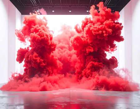 Two large columns of red smoke in a modern industrial room with spotlights and reflective floorの素材