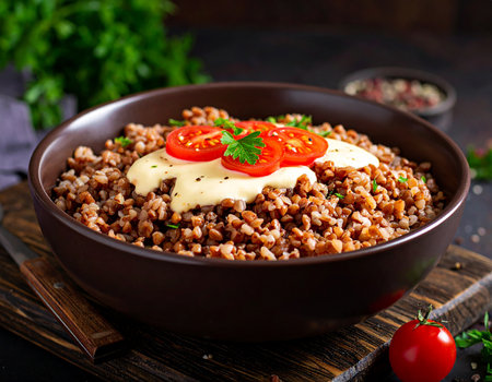 A brown bowl of buckwheat porridge with sliced tomatoes, parsley, and a creamy sauce on a wooden board.の素材