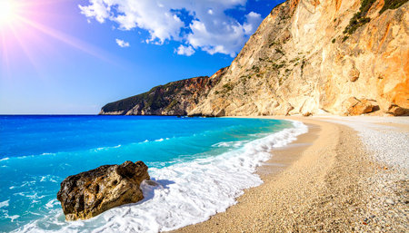 A bright sunny day on a pebble beach with turquoise water and a rocky cliff face. Clear details and vibrant co...の素材