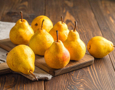 Several ripe yellow pears are arranged on a cutting board against a dark wooden surface.の素材