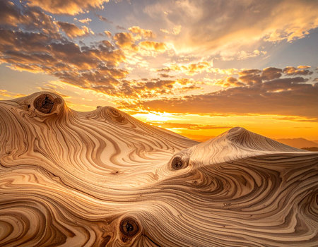 Sculpted wood forms with prominent knots resembling a landscape, set against a dramatic sunset sky.の素材