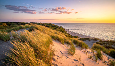 Scenic showing sunset over ocean and sand dunes with golden grass keywords: sunset, sand dunes, beach, coast,...の素材