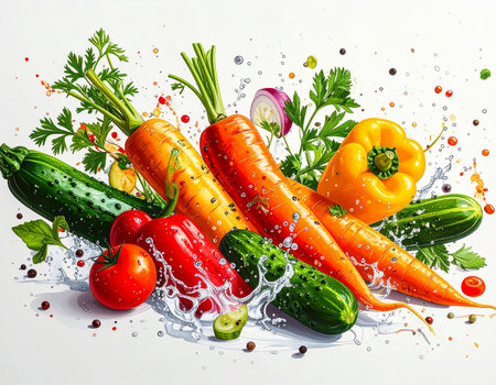 Fresh vegetables with water splashes and splatters creating a dynamic and vibrant compositionの素材